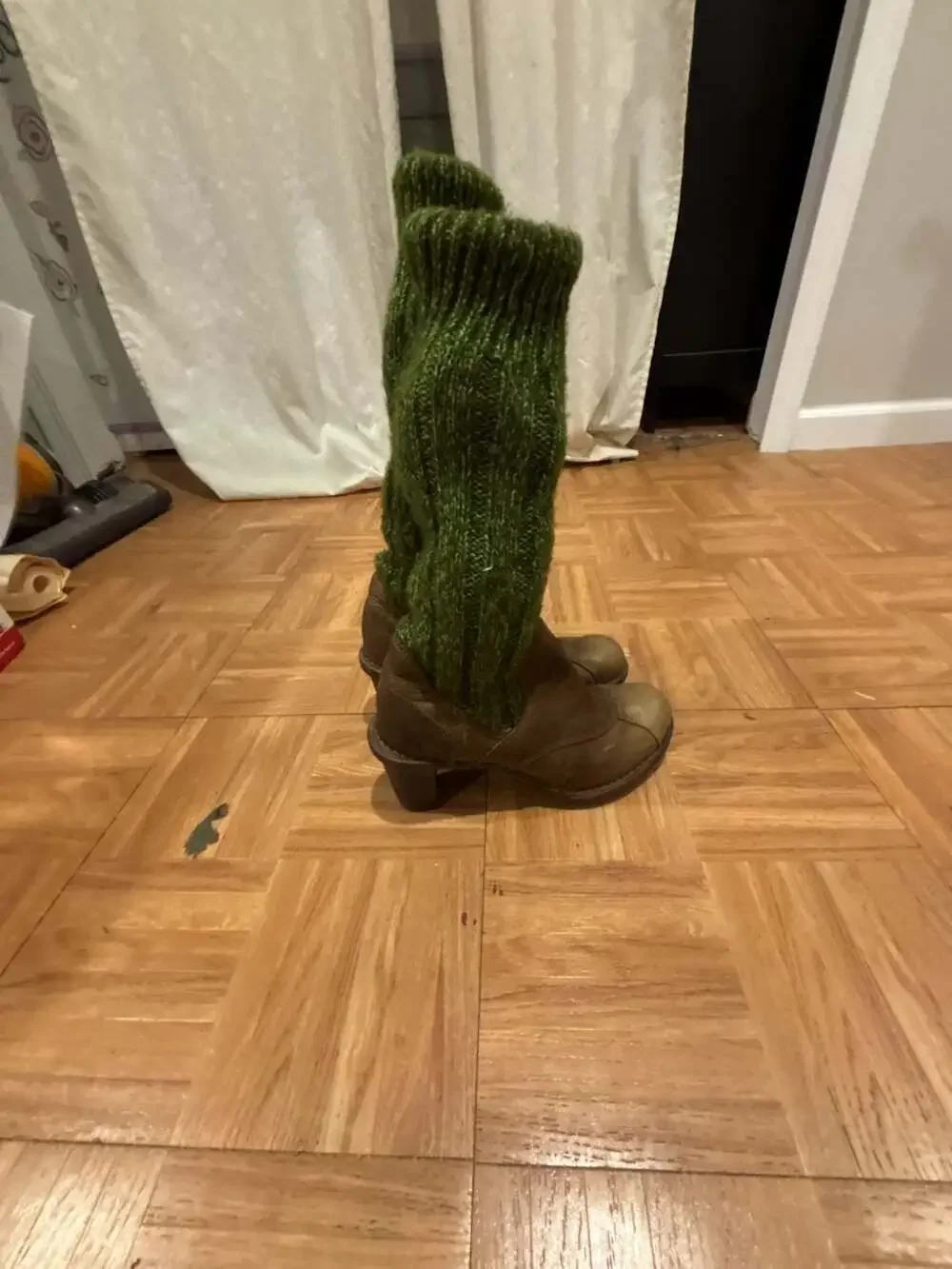 El Naturalista Brown Leather Ankle Boots with Green Knit Leg Warmers